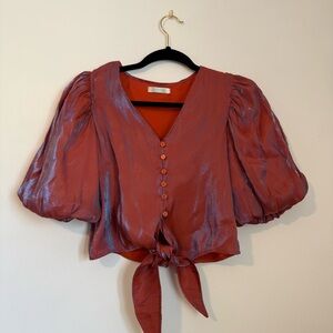 Sheer Puff-Sleeve Tie-Front Top in Rust